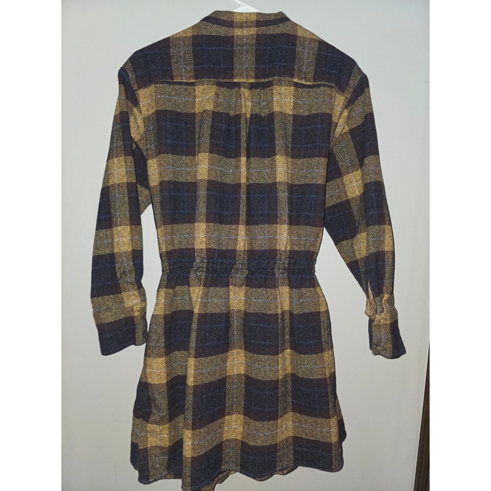 Banana Republic Women Plaid Flannel Shirt Dress Gold Navy Brown Herringbone M - Picture 2 of 5